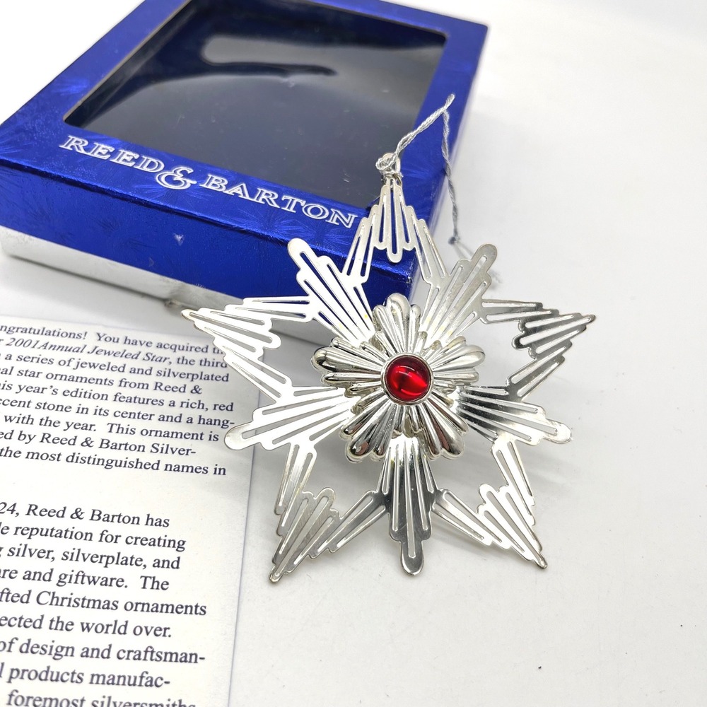 Reed & Barton 2001 Annual Jeweled Star Silverplated Christmas Ornament Red Stone